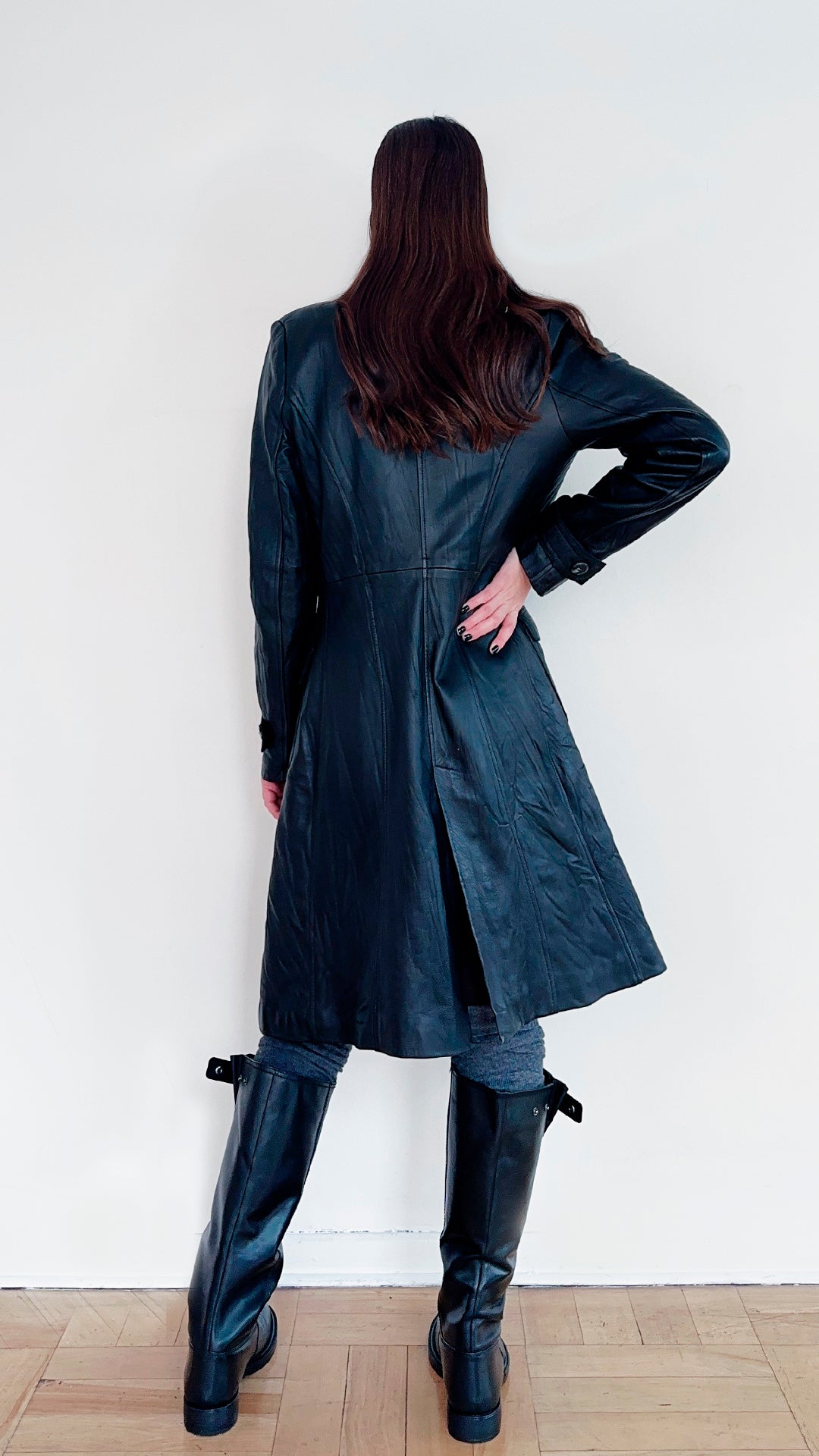 LEATHER LONG COAT NEGRO